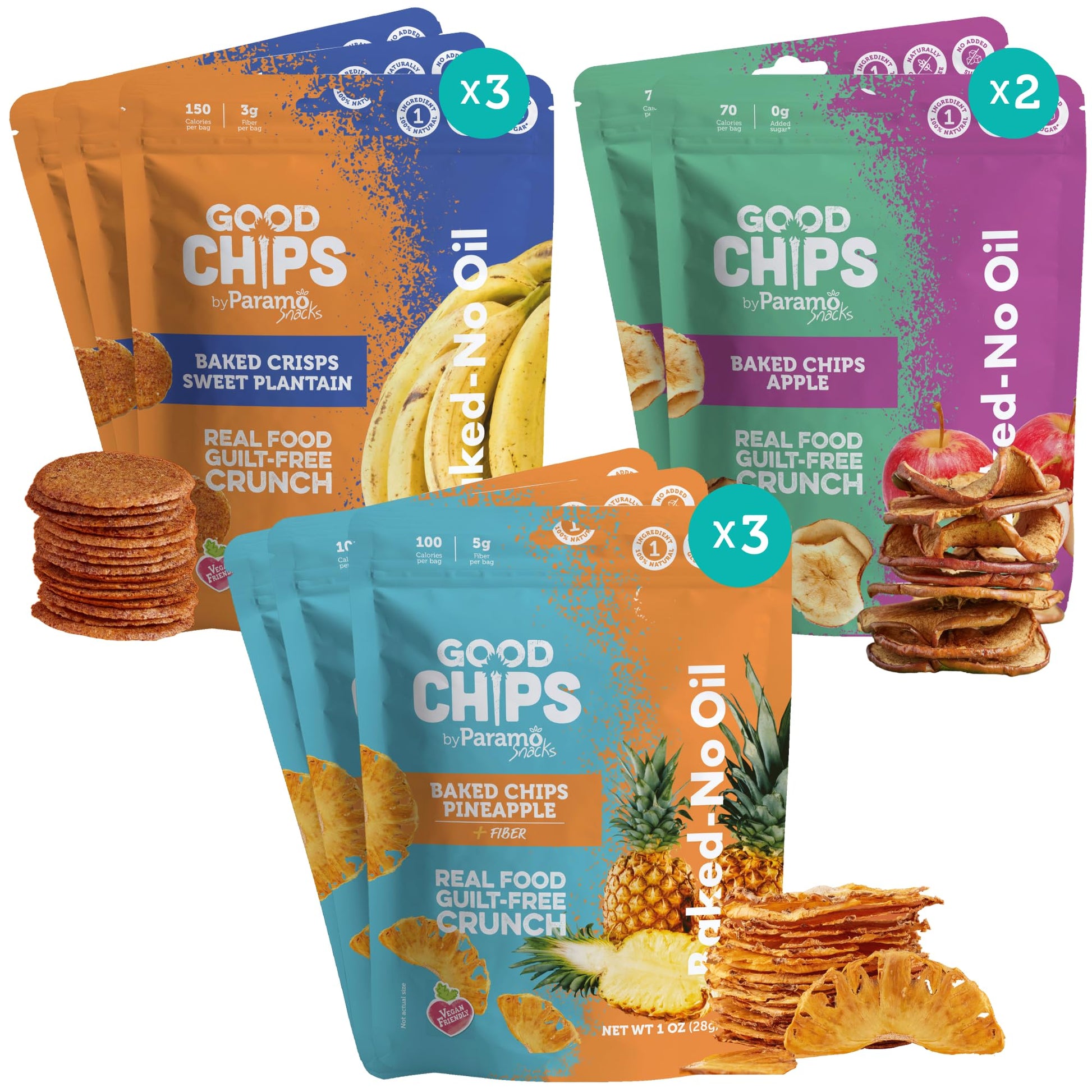 Good Chips Baked Crunchy Apple, Pineapple, Sweet Plantain - Crispy, Oil Free, Healthy, Naturally Sweet Dried Fruit Snacks Variet