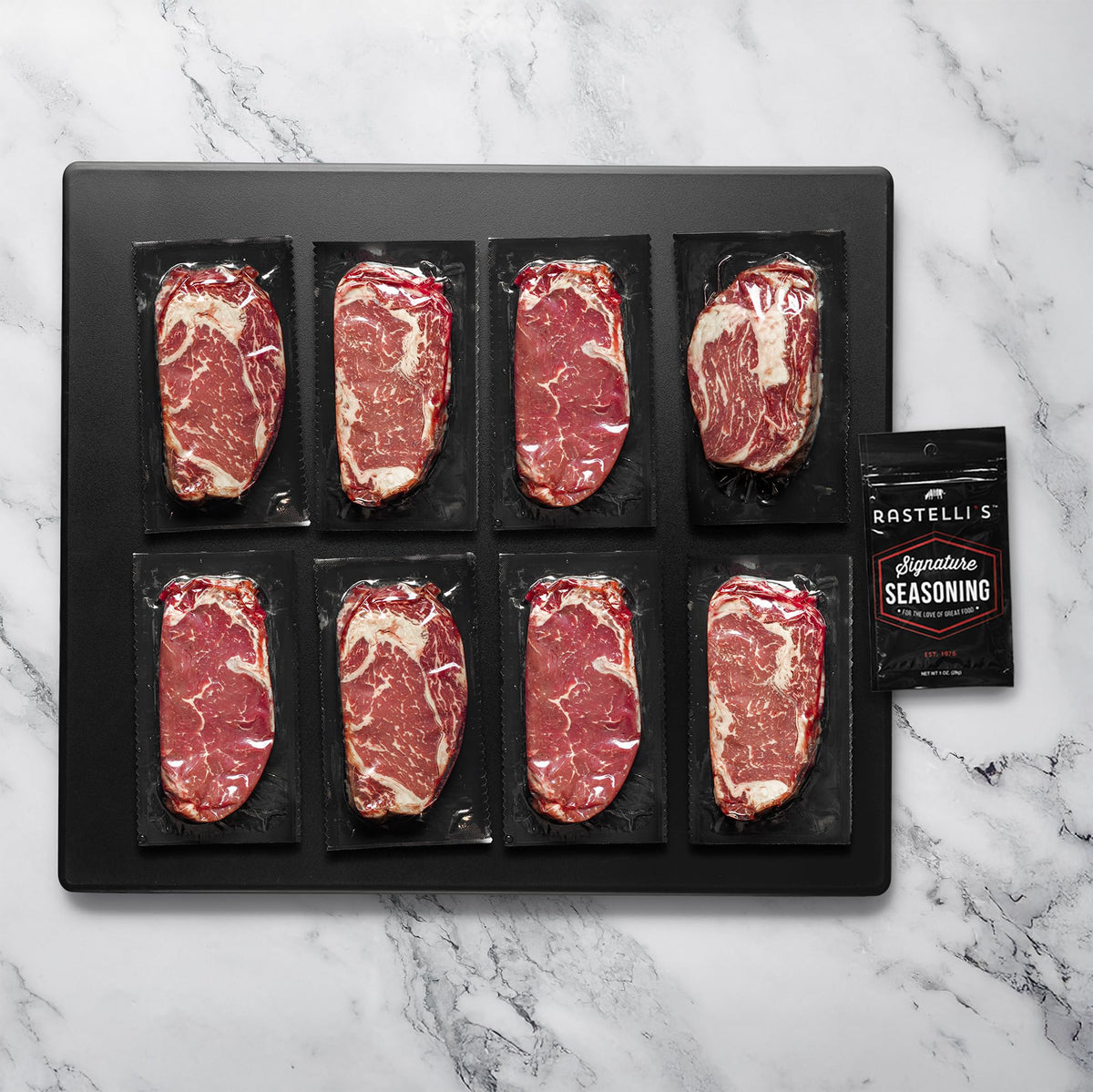 Rastellis Black Angus Beef Ribeye Steaks, 9 oz Portions, 8 Count, Total 4.5 lbs
