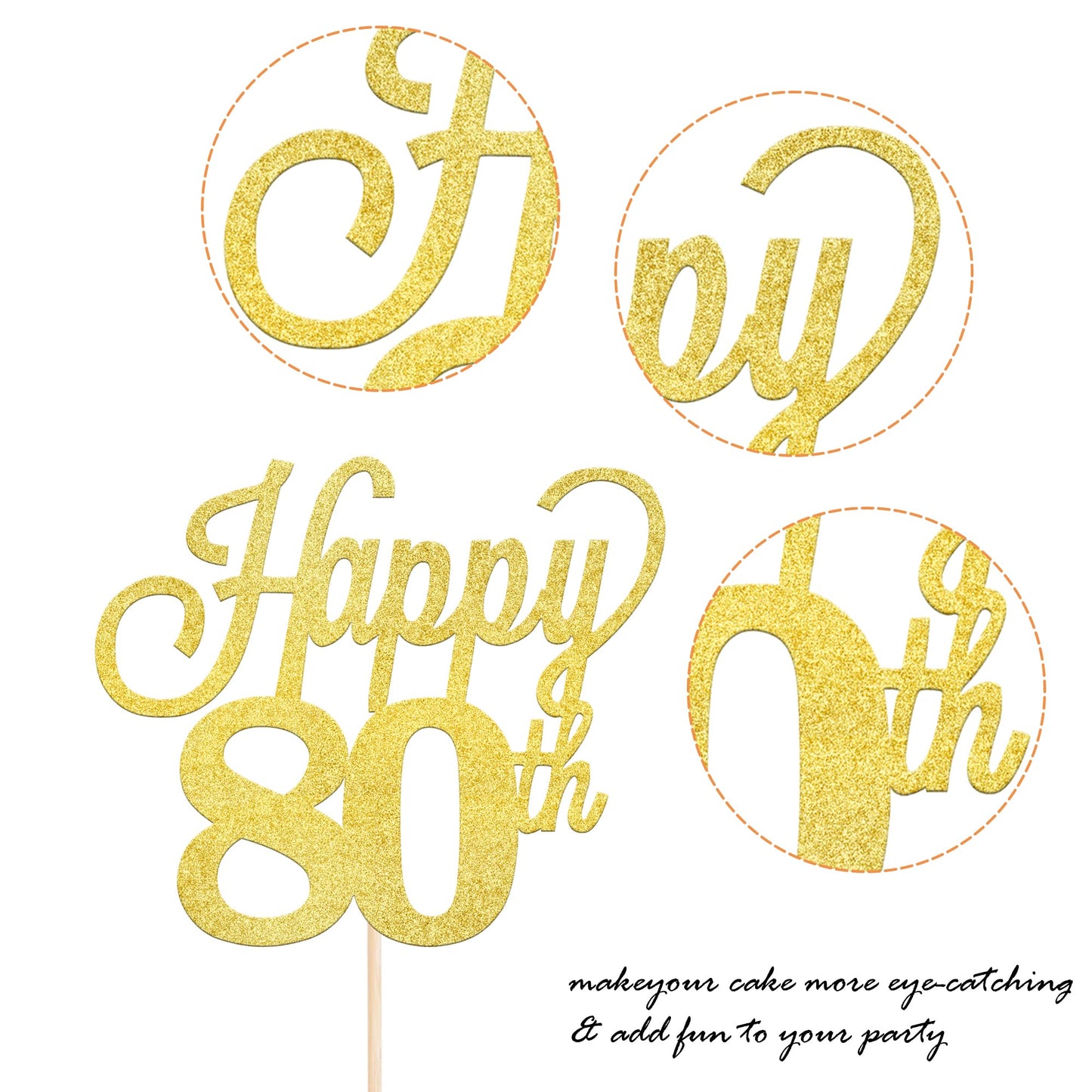 YCTHUNFISH 80th Birthday Cake Topper, Black Glitter Number 80, Bamboo Material, Gold Color, Party Decorations