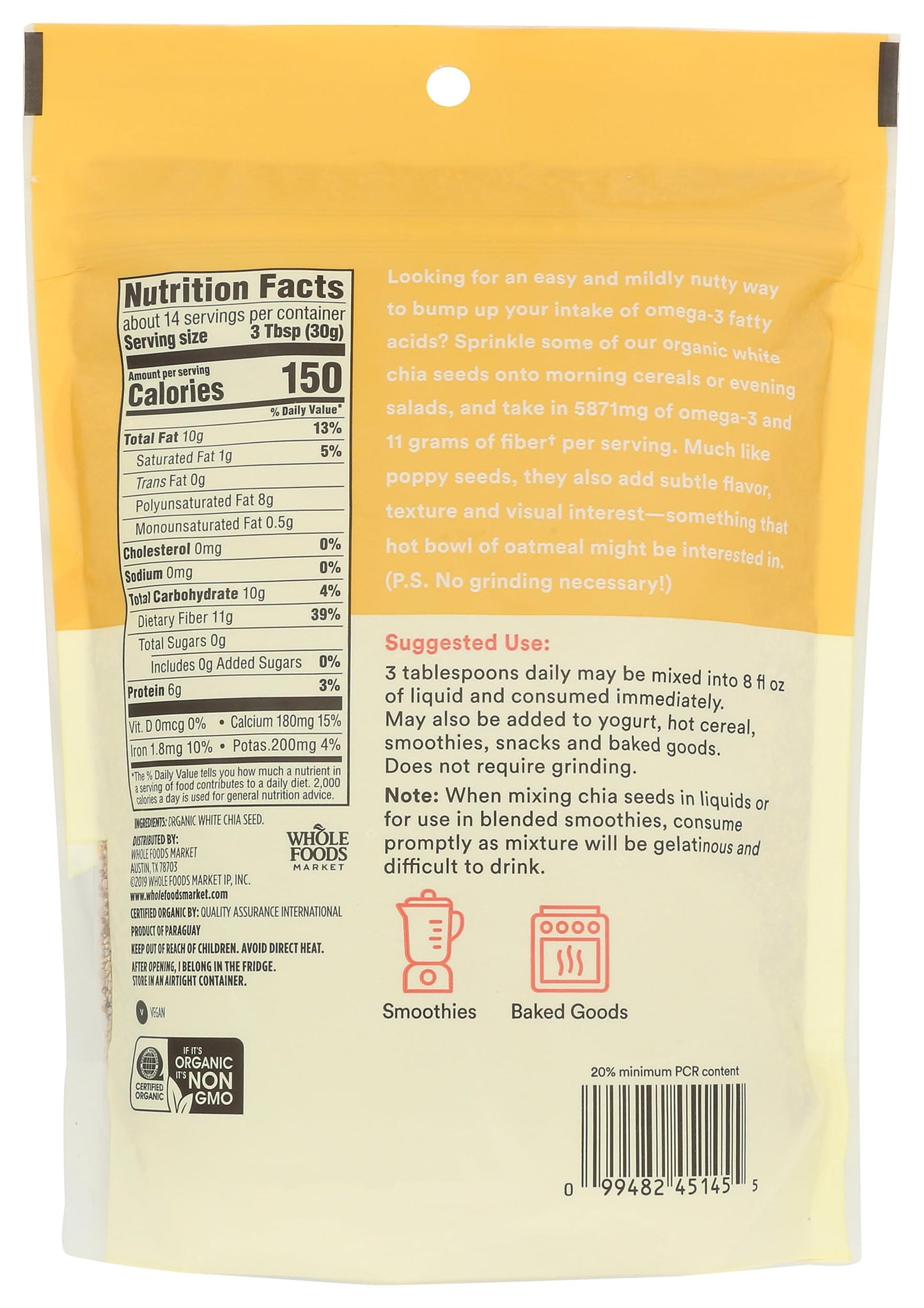 365 by Whole Foods Market Organic White Chia Seeds, 15 OZ, Non-GMO, Natural Superfood for Smoothies and Baking