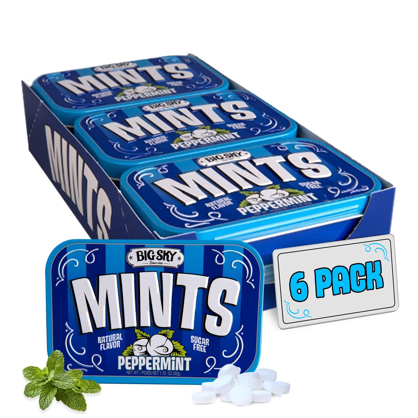 Big Sky Sugar Free Peppermint Candy, 50g Tin - 6 Count Display Tray