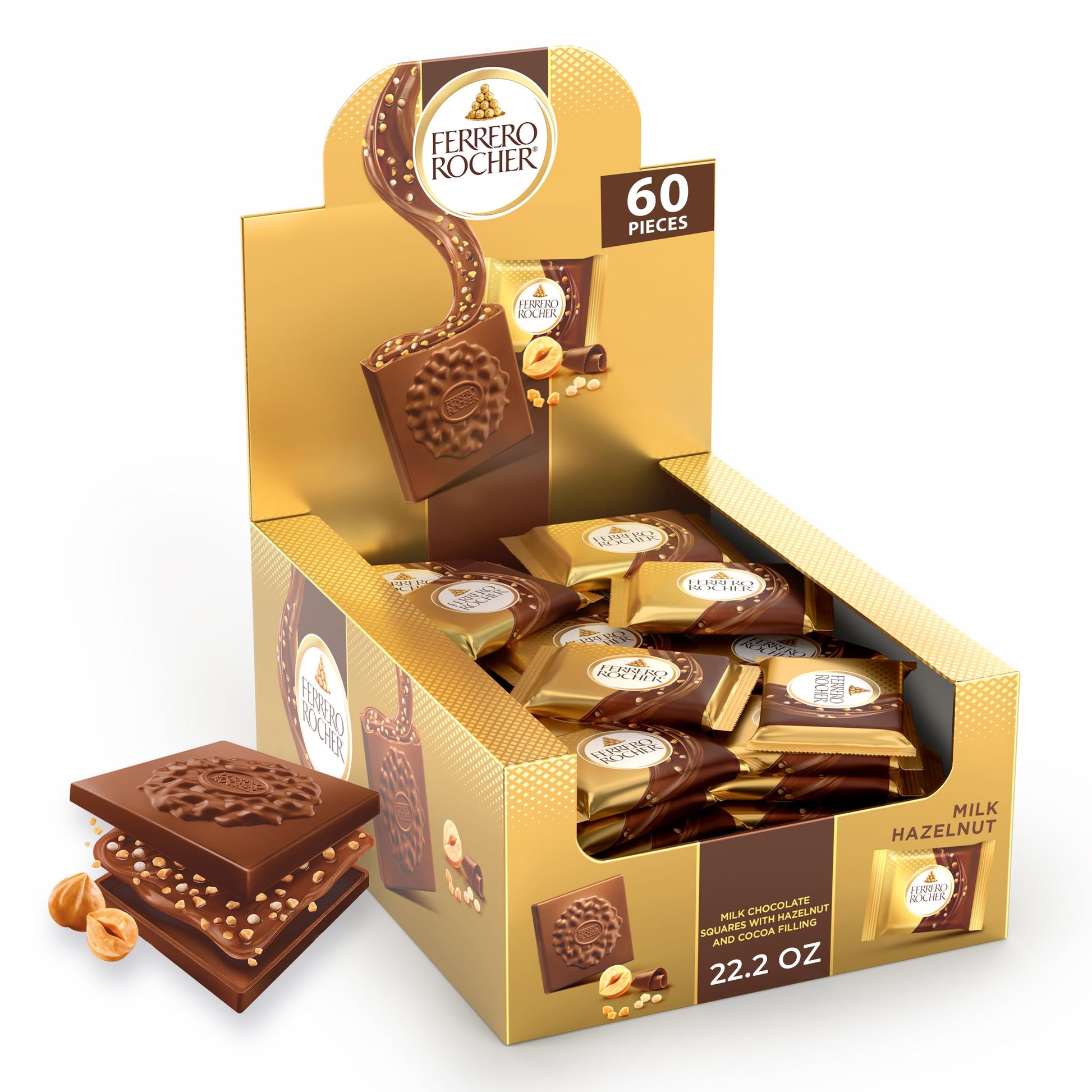 Ferrero Rocher Top-Grade Hazelnut Milk Chocolate Squares  ValentineS Day Chocolate Gifts  60 Pieces  22.2 Oz