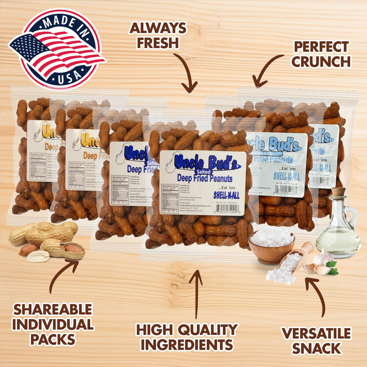 Jerky-n-Spice Uncle Buds Deep Fried Peanuts In Shell, Salted, High-Protein Snack, 42 Ounce, 6 Pack