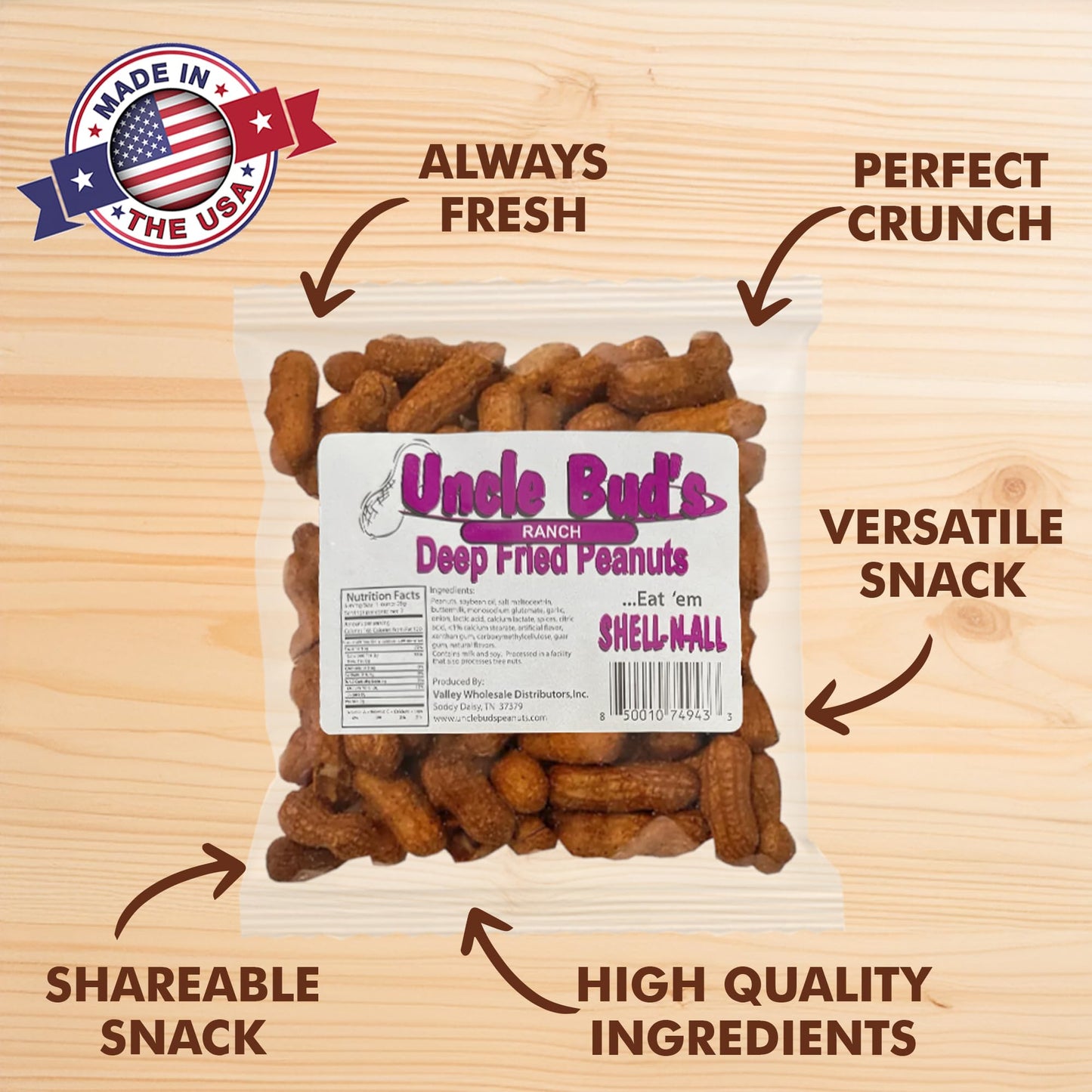 Jerky-n-Spice Uncle Buds Deep Fried Peanuts in Shell - 6 Pack, 3 Dill Pickle & 3 Ranch, Crunchy High-Protein Snacks, 7 inches