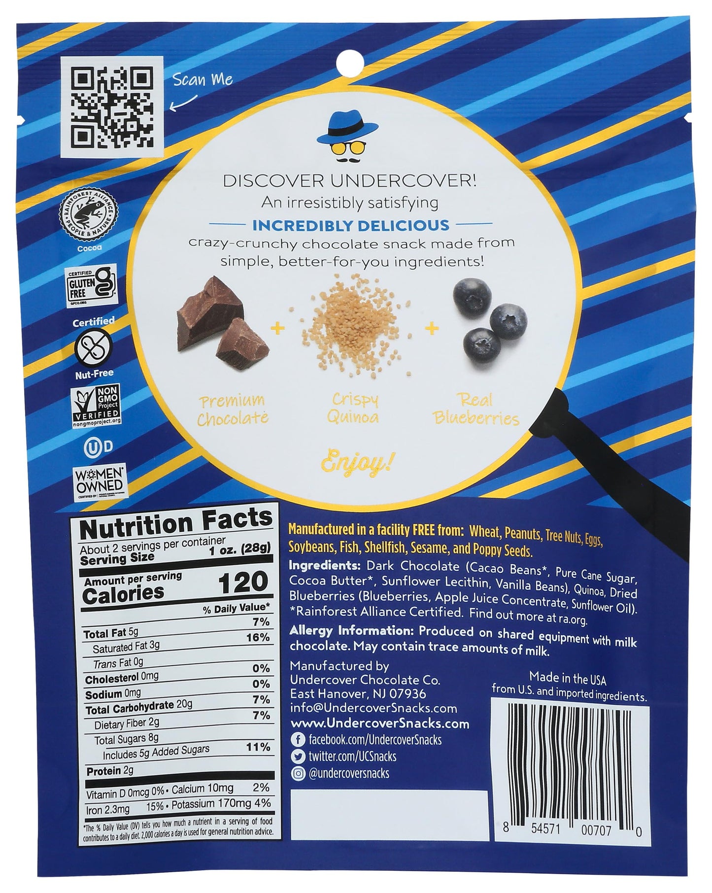 Undercover Chocolate Co Dark Chocolate + Blueberries Crispy Quinoa Snack, 2 Oz