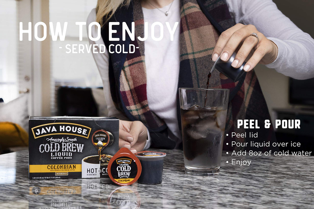 Java House Cold Brew Coffee, Colombian Medium Roast Coffee Concentrate Liquid Pods - 1.35 Fluid Ounces (6 Count) Enjoy Hot Or Ic