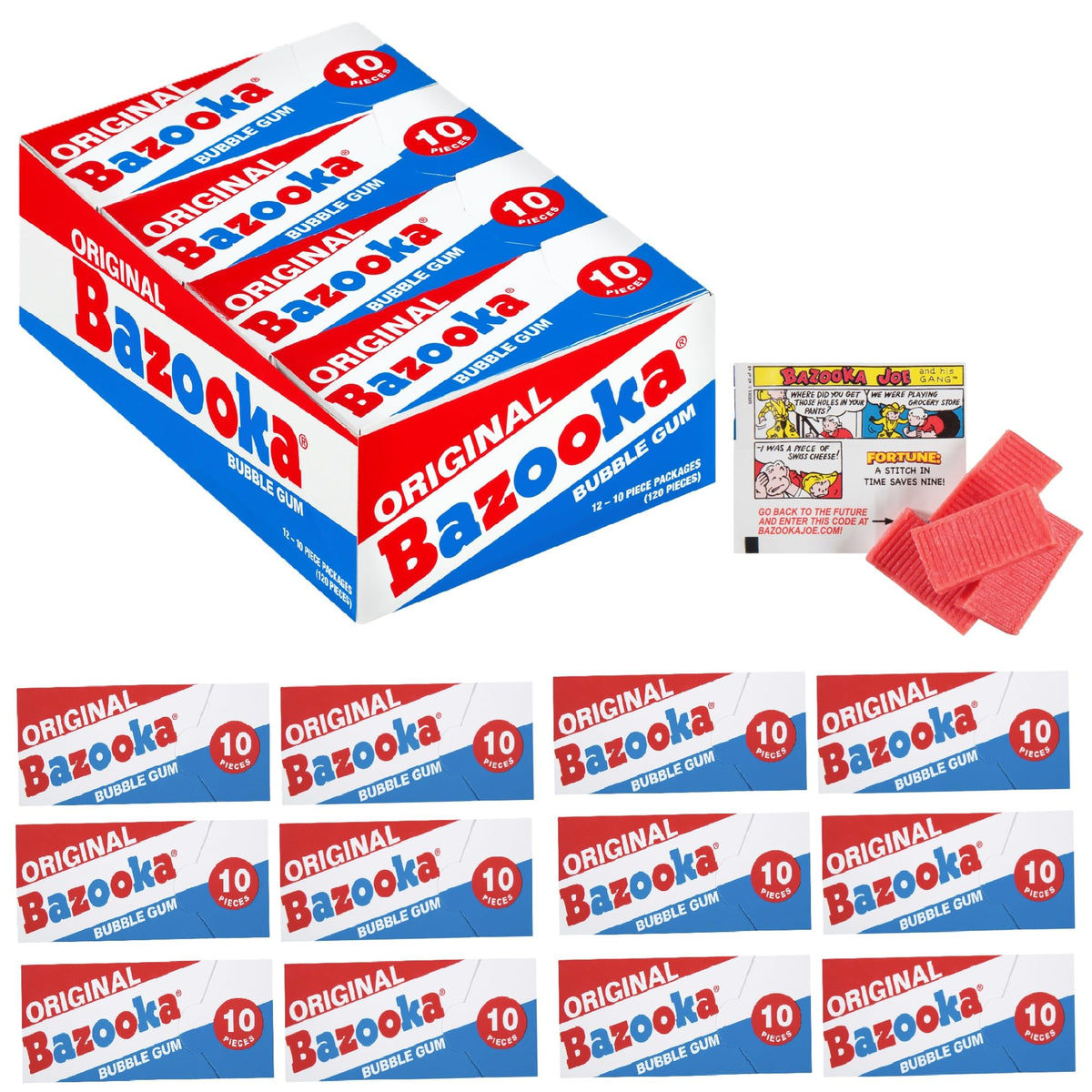 Bazooka Bubble Gum 10 Piece Wallet Pack (Pack of 12) Individually Wrapped Pink Chewing Gum in Original Flavor - Fun Old Fashione