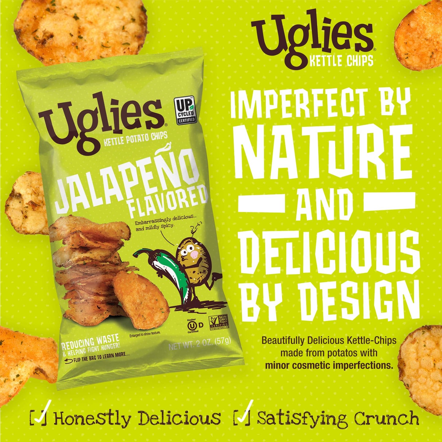 Uglies Jalapeno Kettle-Cooked Potato Chips, Gluten-Free, Non-GMO, 2 Oz. Bags, Pack of 12