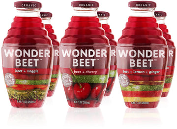 Beetology Organic Beet Juice 8.45oz Variety Pack, 2 bottles each of: Beet + Veggie, Beet + Lemon Ginger, Beet + Cherry (6 Pack) 