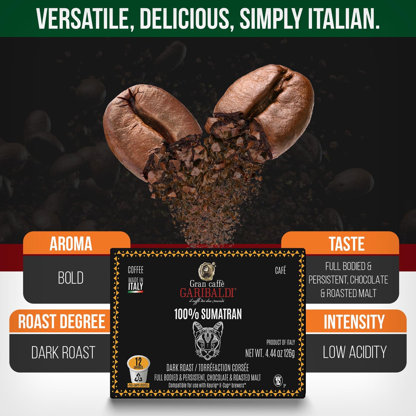 Caffè Garibaldi Sumatran Coffee Pods, Dark Roast, 100% Arabica, Recyclable, 12 Count