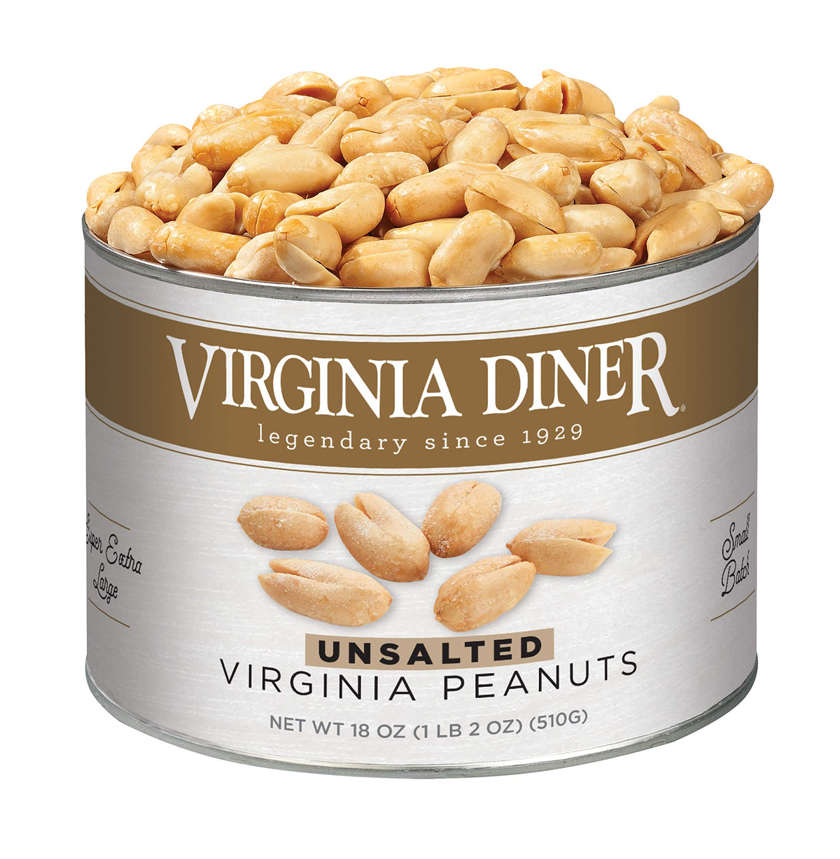 Virginia Diner Unsalted Virginia Peanuts - Xl Gourmet Natural Peanuts Non-Gmo, Preservative Free Gifts From Virginia Since 1929-18 Oz Can