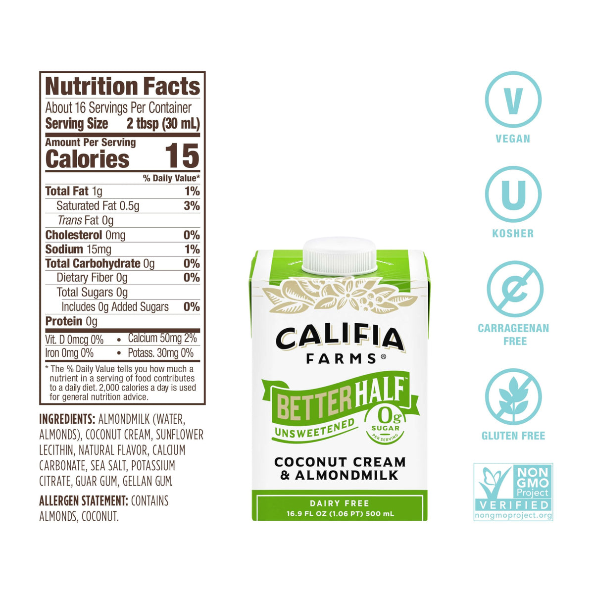 Califia Farms - Unsweetened Better Half, Half And Half Substitute, 16.9 Oz (Pack of 6), Almond Milk, Coconut Cream, Coffee Cream