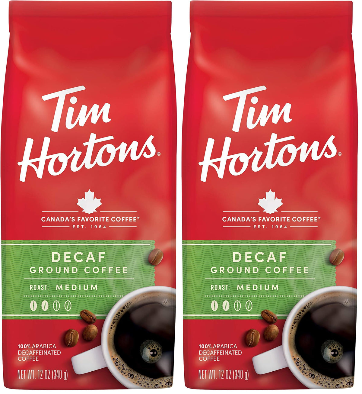 Tim Hortons 100% Arabica Medium Roast, Decaffeinated, Ground Coffee, 12 Ounce (Pack of 2)