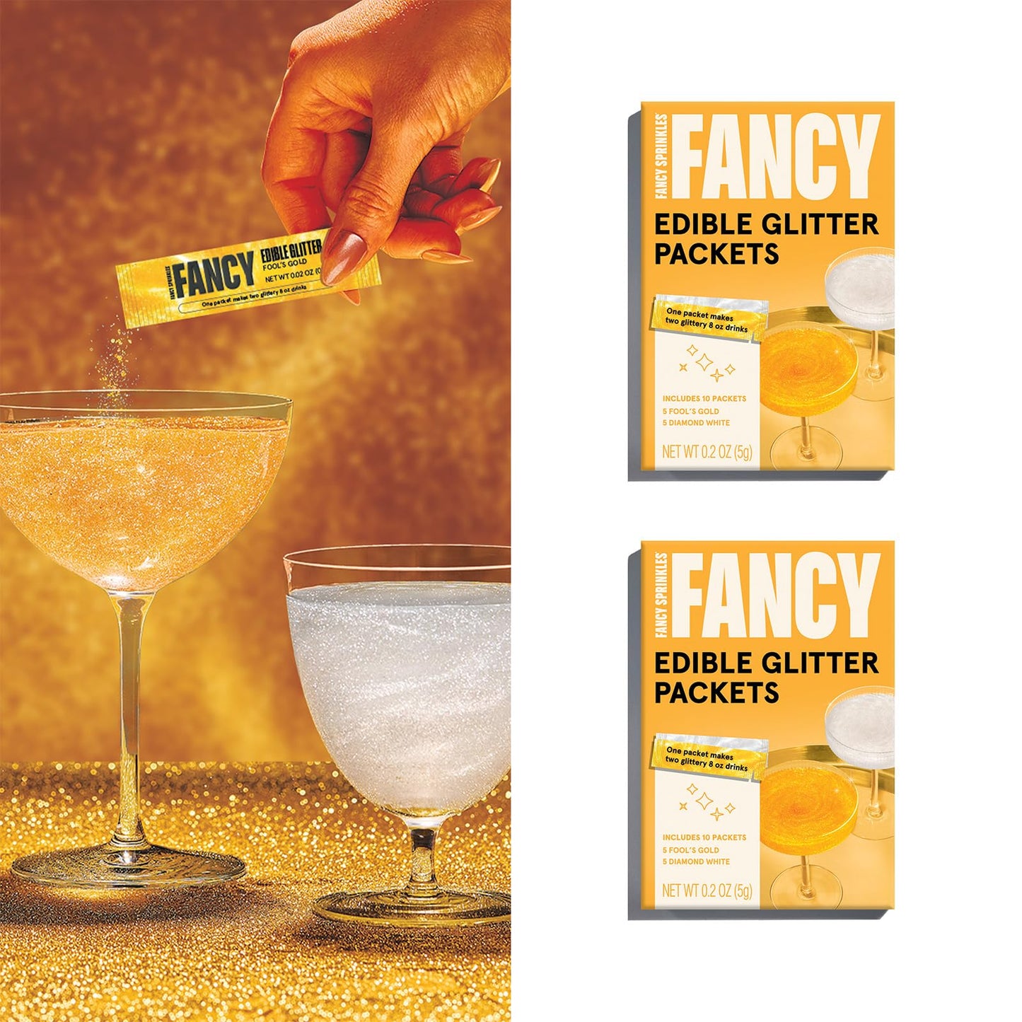Fancy Sprinkles Edible Glitter for Drinks, 2 Pack, Fools Gold & Diamond White