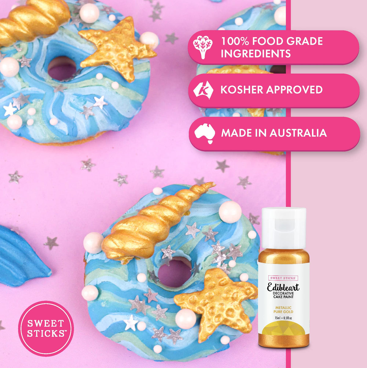 SWEET STICKS Edible Art Cake Paint Set of 2, Metallic Pure Gold, 0.5 Oz (15 mL) Each, Transparent Color