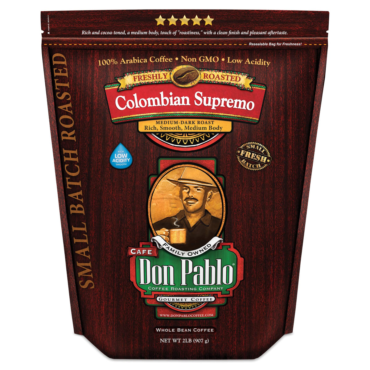 2Lb Don Pablo Colombian Supremo - Medium-Dark Roast - Whole Bean Coffee - Low Acidity - 2 Pound (2 Lb) Bag