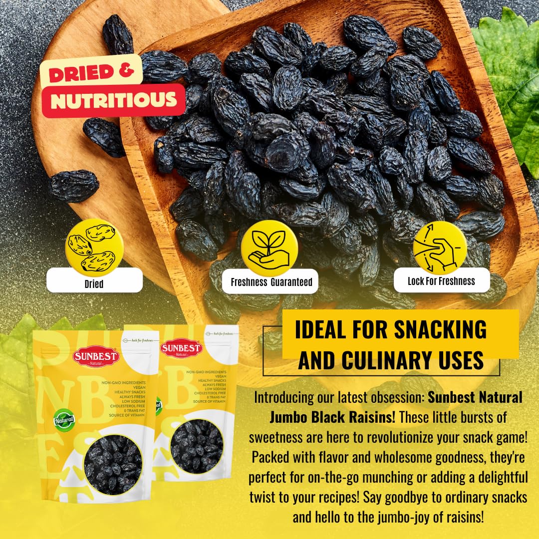 Sunbest Natural Jumbo Raisins Black 48 Oz (3 Lbs) - Plump & Juicy, Rich In Healthful Nutrients & Dietary Fiber - Resealable Bag - Ideal For Snacking, Cooking & Baking - Long Lasting Freshness