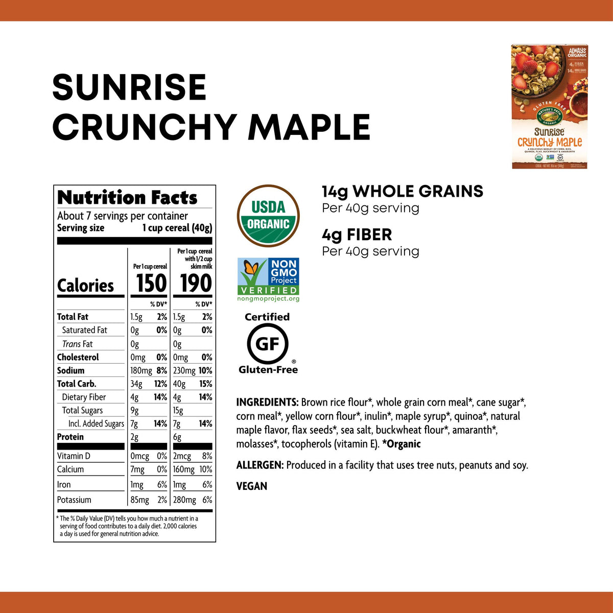 Nature s Path Organic Sunrise Crunchy Maple Cereal, 10.6 oz (Pack of 12), Gluten Free, Non-GMO