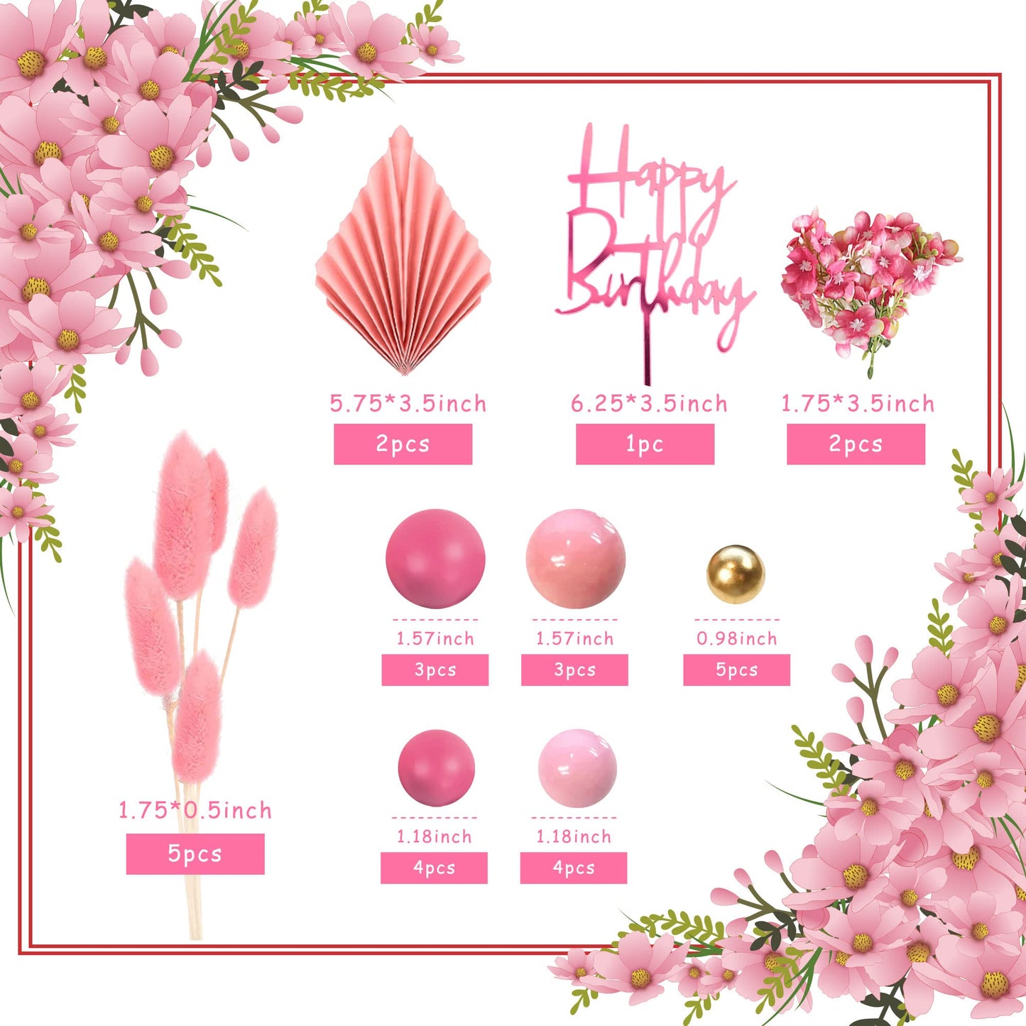 29 Pcs Flower Boho Cake Topper Balls Cake Decorations With Hot Pink And Gold Balls Palm Leaves Artificial Plants For Wedding Bab