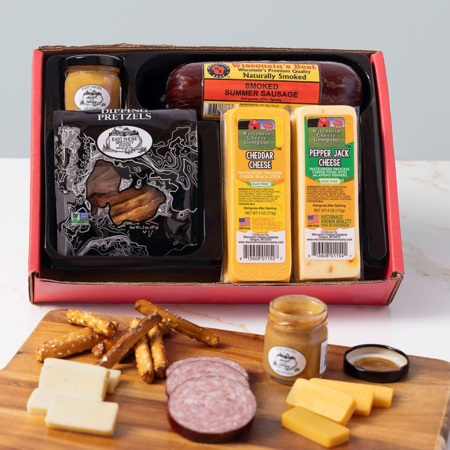 Wisconsin Cheese Company - Classic Holiday Snack Gift Box - 100% Wisconsin Cheddar & Pepper Jack Cheese, Sausage, Pretzels & Mustard | Perfect For Parties, Charcuterie Boards, And Holiday Gifts