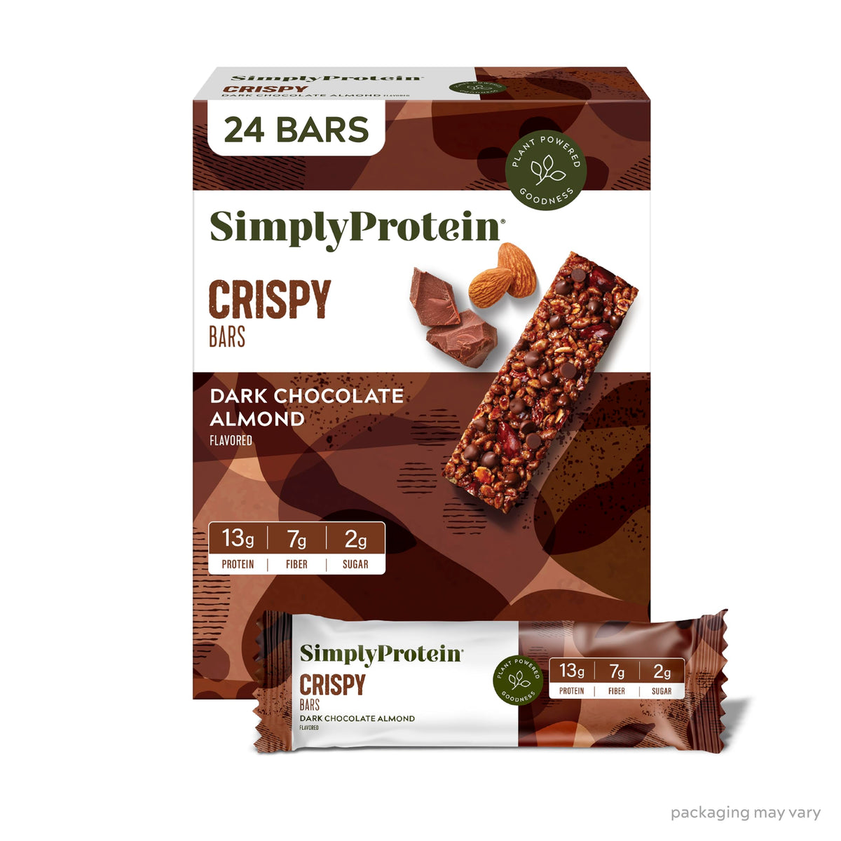 Simply Protein Dark Chocolate Almond Crispy Bars - Vegan, Low Carb, Low Sugar, 13g Protein - 24 Count