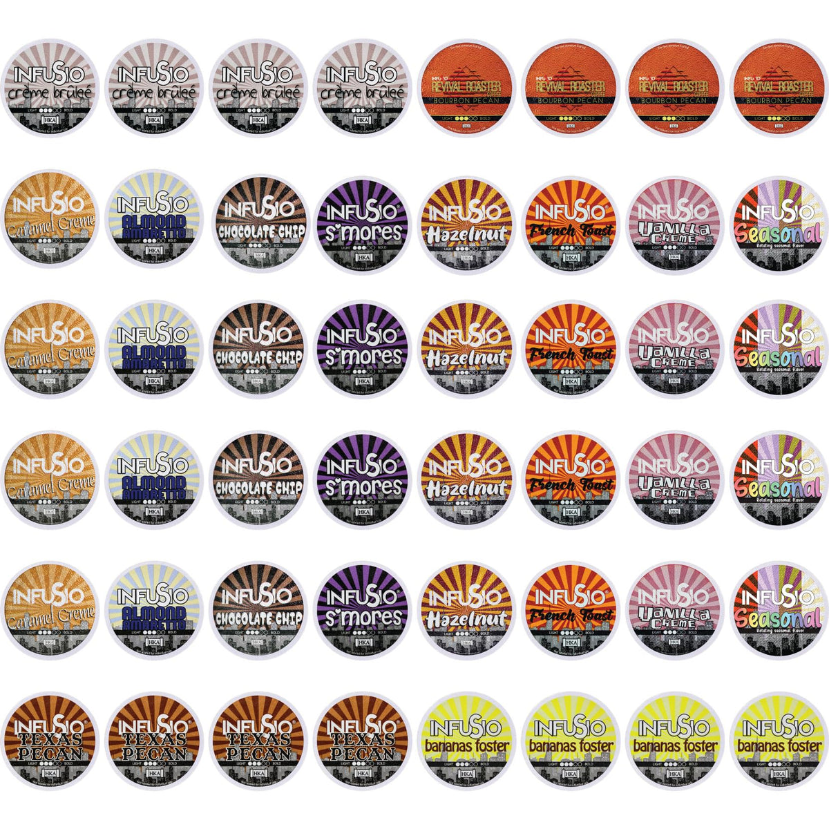 InfuSio Flavored Coffee Pods Variety Pack - 48 Count  12 Gourmet Medium Roast Dessert-Inspired Blends like Bananas Foster & Crme Brl?e  Compatible with Keurig K-Cup 2.0 malt-inspired