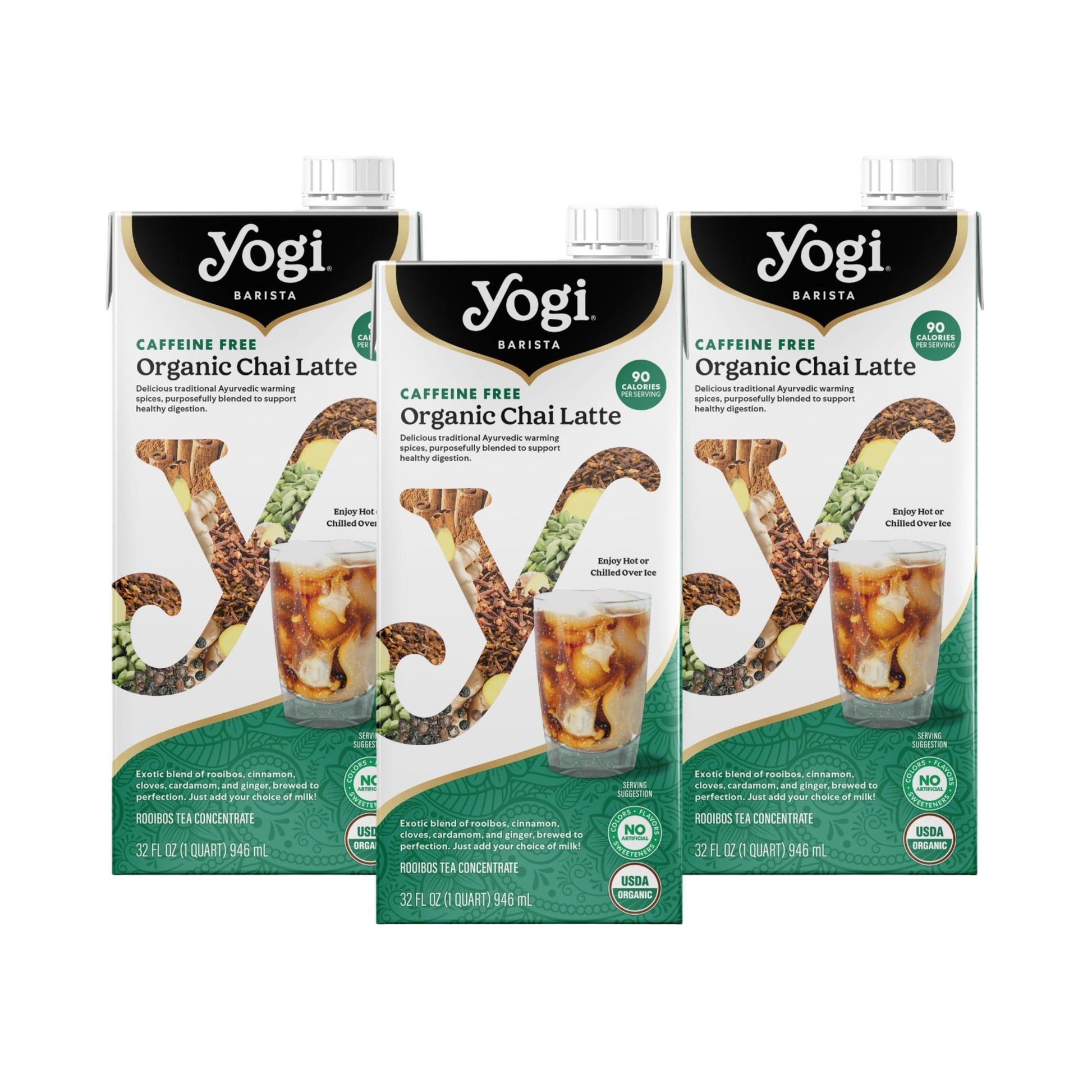 Yogi Organic Chai Latte Concentrate - Caffeine-Free, 32 Fl Oz (Pack of 3) - Includes Rooibos, Ginger, Cardamom, Cinnamon
