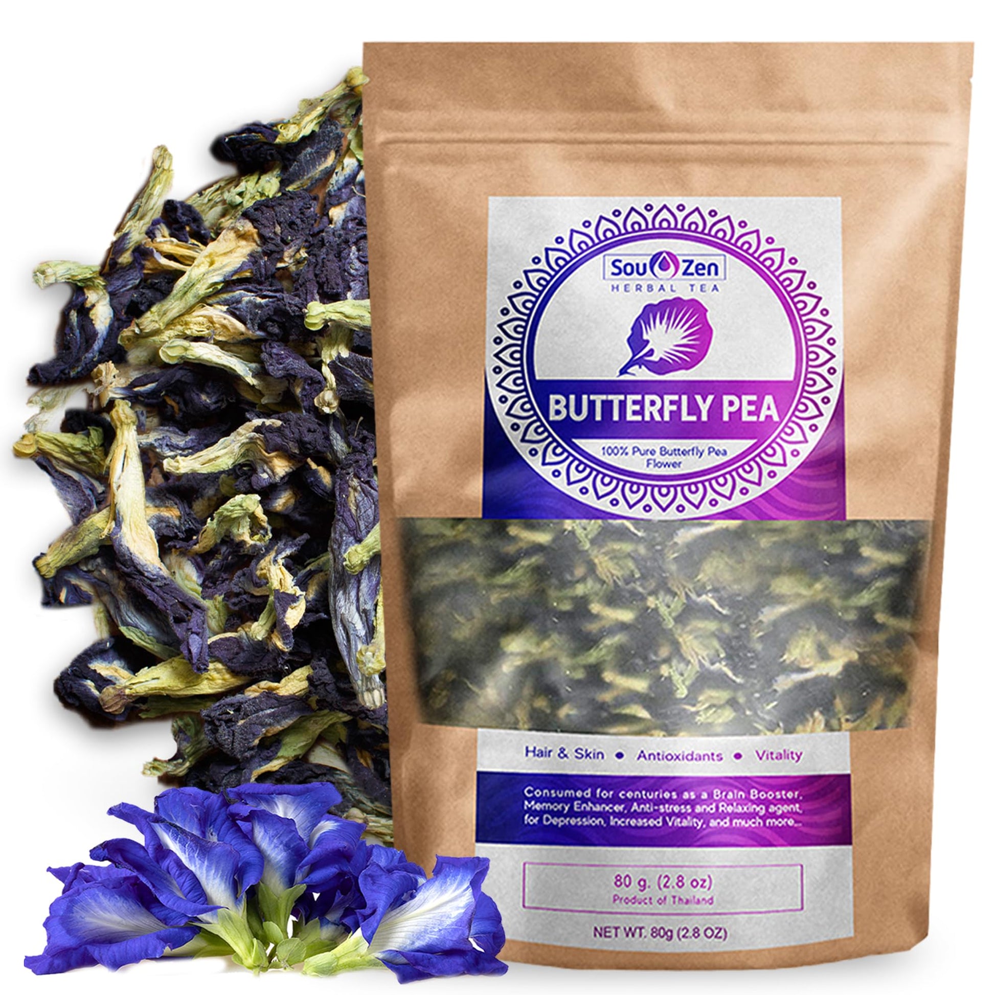 Sou Zen Butterfly Pea Flowers (80 G) Dried Tea Leaves | Natural  Raw Drink Mix W/Antioxidants  Organic Nootropics | Thai Herbal Floral Tea
