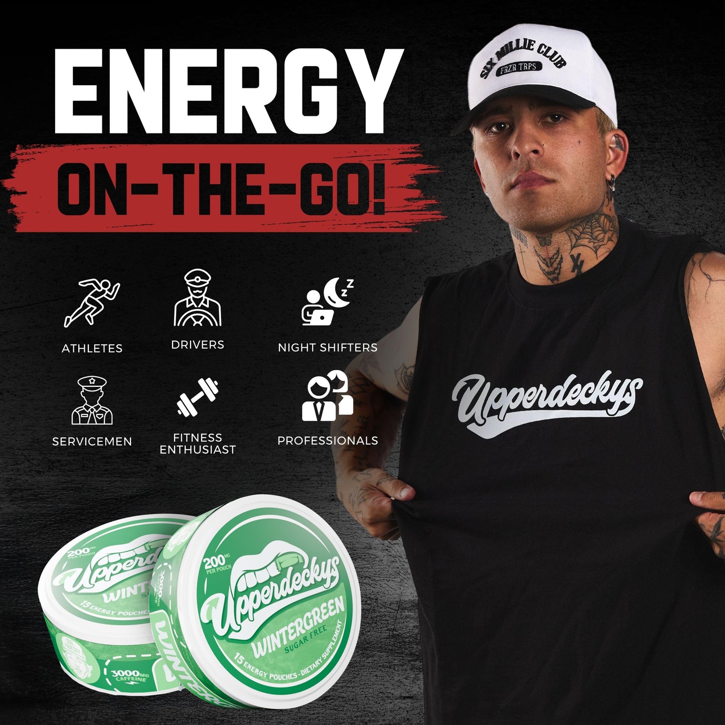 Upperdeckys  Cool Wintergreen Caffeine Energy Pouches - Free Replacement or Alternative for Focus and Energy - Sugar Free Nootropic Pouches  Made in the USA & Delicious Flavor (4-Pack  200mg)