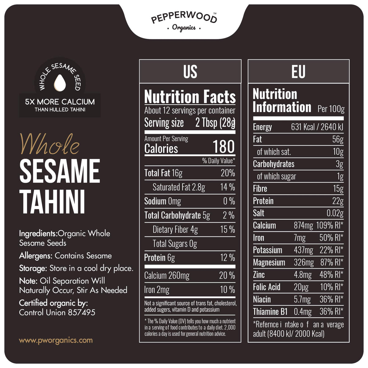 Organic Whole Sesame Tahini Paste - Unhulled & Stone-Ground - Silky Smooth Texture in Hummus, Dips, Dressings - Unsalted, Nut-Fr