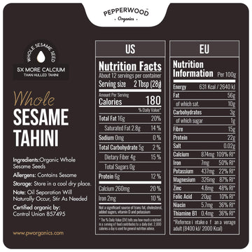 Organic Whole Sesame Tahini Paste - Unhulled & Stone-Ground - Silky Smooth Texture in Hummus, Dips, Dressings - Unsalted, Nut-Fr
