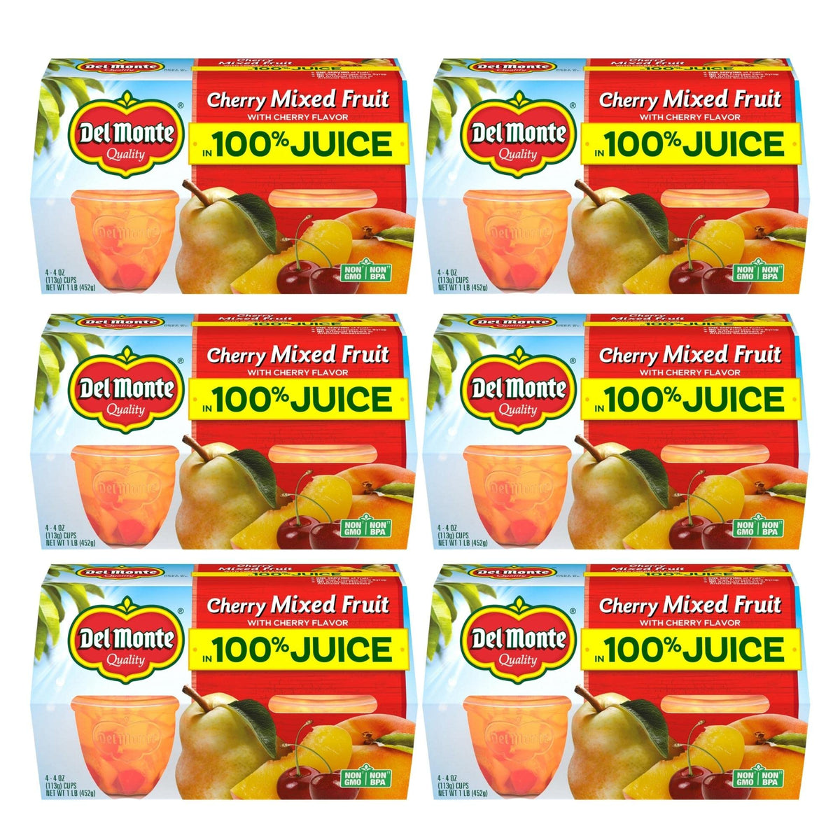 Del Monte Cherry Flavored Mixed Fruit Cup Snacks in 100% Juice, 4 Oz, Pack of 24