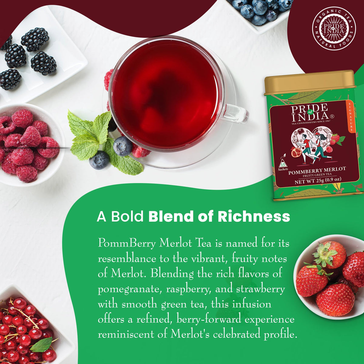 Pride Of India | Pommberry Wine-Inspired Fruity Green Tea | 15 Pyramid Full Leaf Individually Wrapped Tea Bags | Tangy & Fruity Flavor | Vibrant & Uplifting Experience | Caffeine Free, Non-Bioengineered