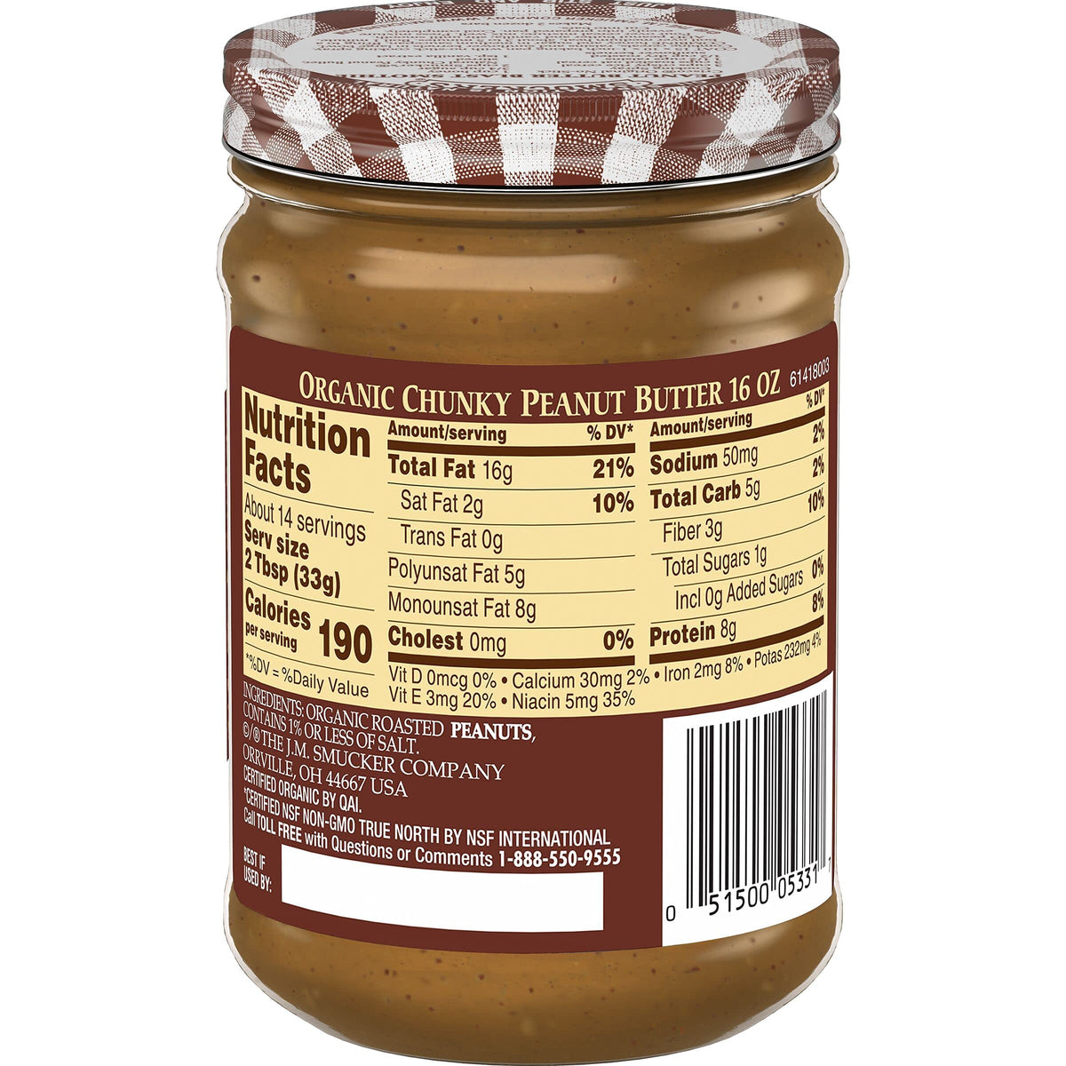 Smucker s Organic Peanut Butter, Chunky, 16oz (Pack of 6)