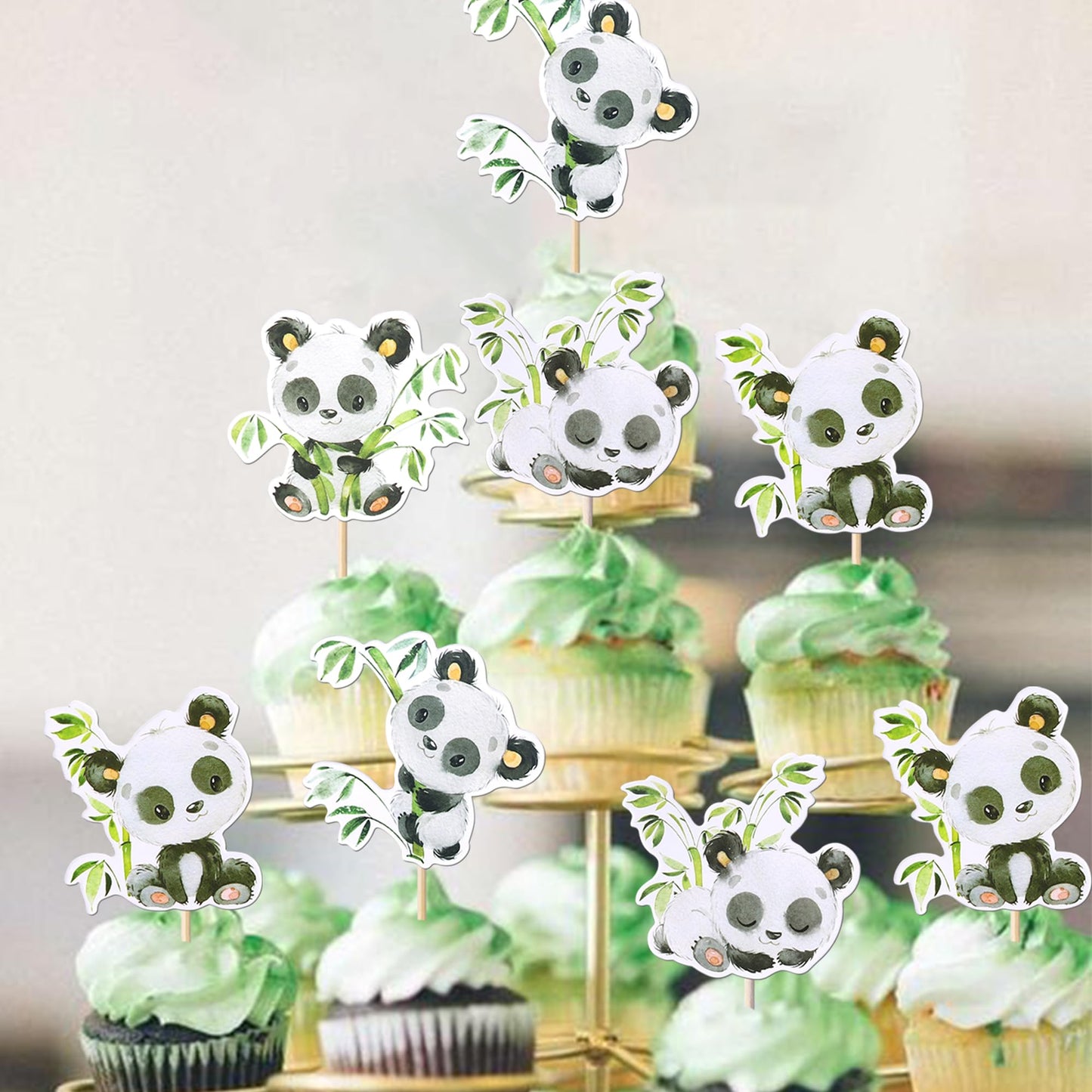 Rssta i Panda Cupcake Toppers - 36 Pack Green Bamboo Baby Panda Bear Picks for Baby Shower & Kids Birthday Party Decorations