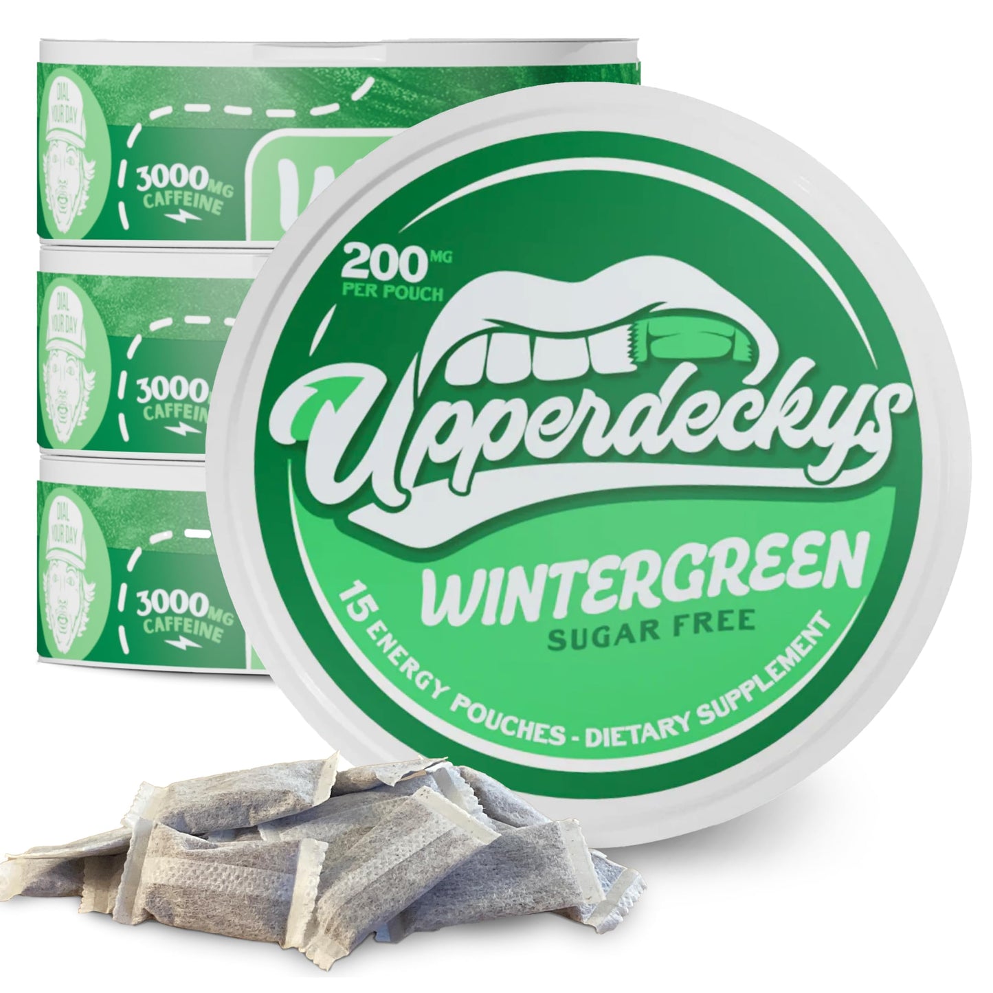 Upperdeckys  Cool Wintergreen Caffeine Energy Pouches - Free Replacement or Alternative for Focus and Energy - Sugar Free Nootropic Pouches  Made in the USA & Delicious Flavor (4-Pack  200mg)