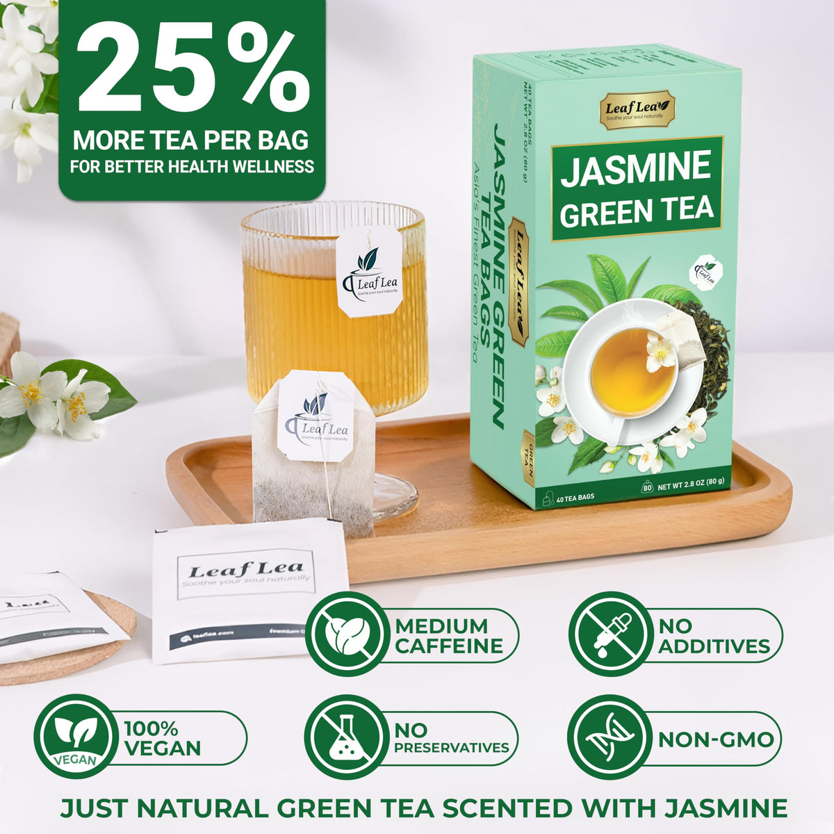 LeafLea 40 Jasmine Green Tea Bags  enhanced Green Tea Scented with Jasmine Flowers for Gentle Support & Light Alertness  Floral Smoothness  Caffeinated  Sugar-Free  Non-GMO  Vegan  Individually Wrapped