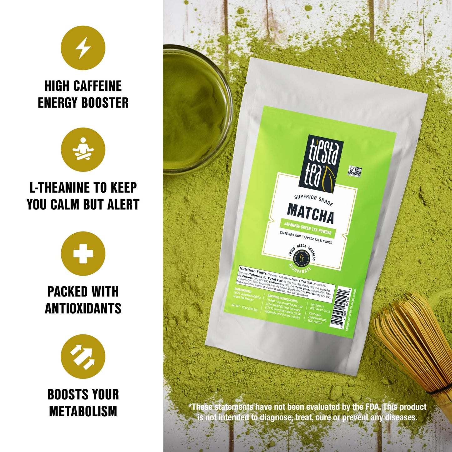 Tiesta Tea Superior Green Tea Powder - Japanese Matcha Tea Powder  High Caffeine  L-Theanine  Antioxidants  Detox  Boost Metabolism  Energy Booster  Hot & Iced - 170 Cups - 12oz Bag