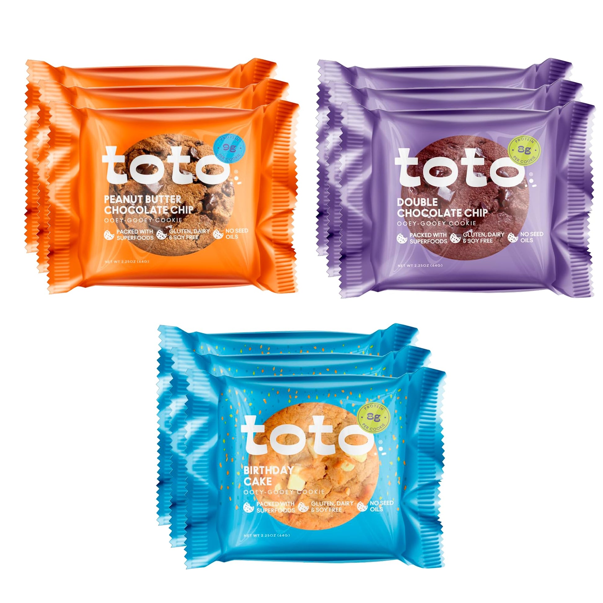Kgf - Variety Pack Toto Gluten-Free Gooey Cookie  3 Peanutbutter Chocolate  3 Double Chocolate  3 Birthday Cake  Pack Of 9