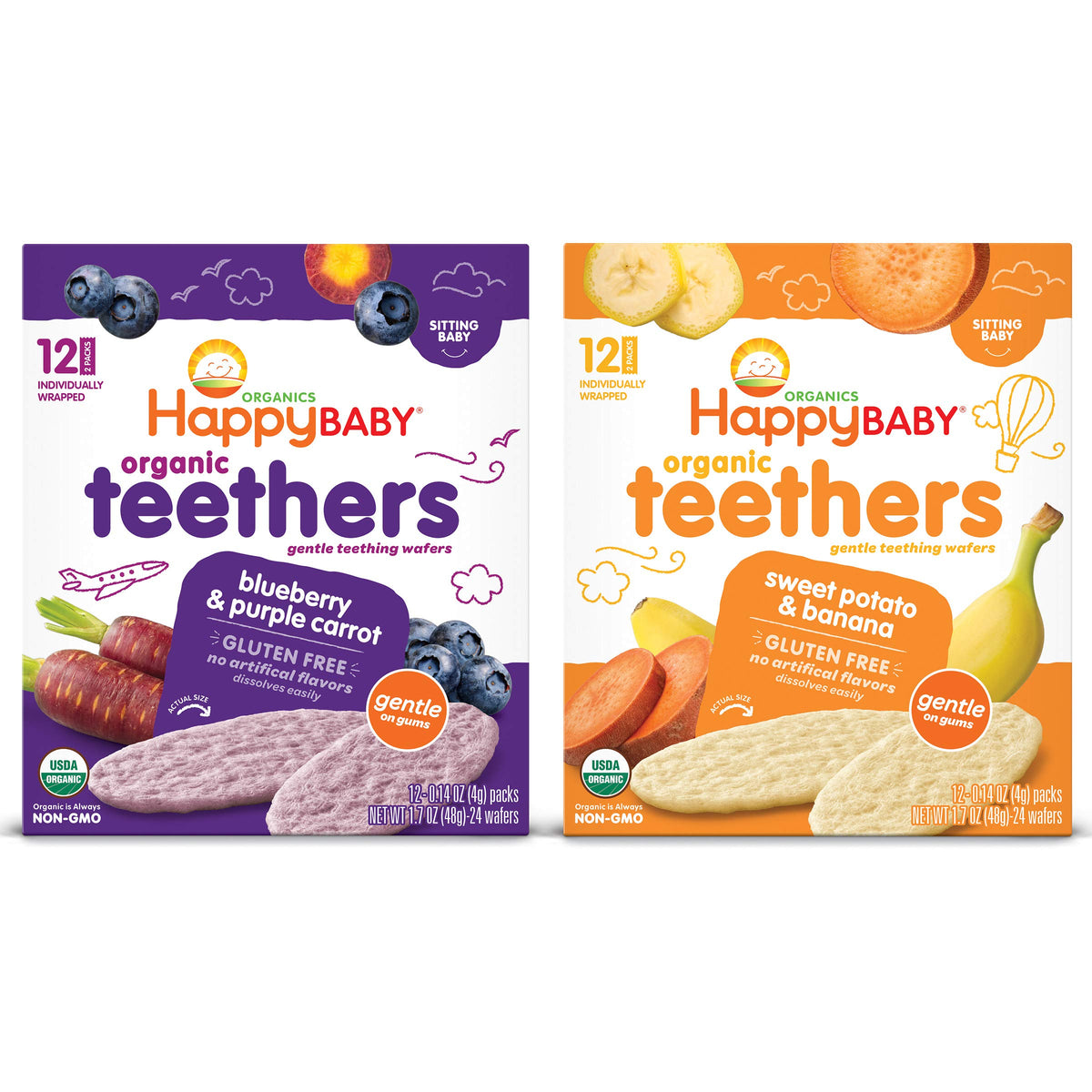 Happy Baby Organics Gluten Free Organic Teethers 2 Flavor Variety Pack (Blueberry & Purple Carrot/Sweet Potato & Banana), 12 Cou