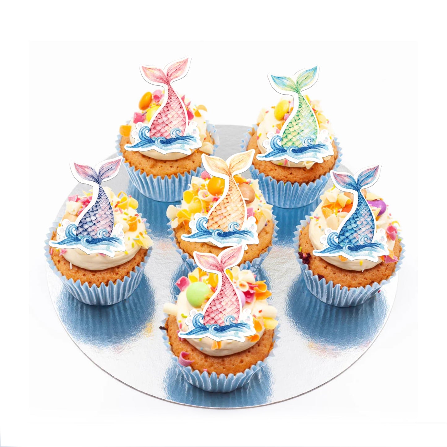 ZHUOWEISM Edible Mermaid Tail Cupcake Toppers 60 PCS Under the Sea Decorations Design 3