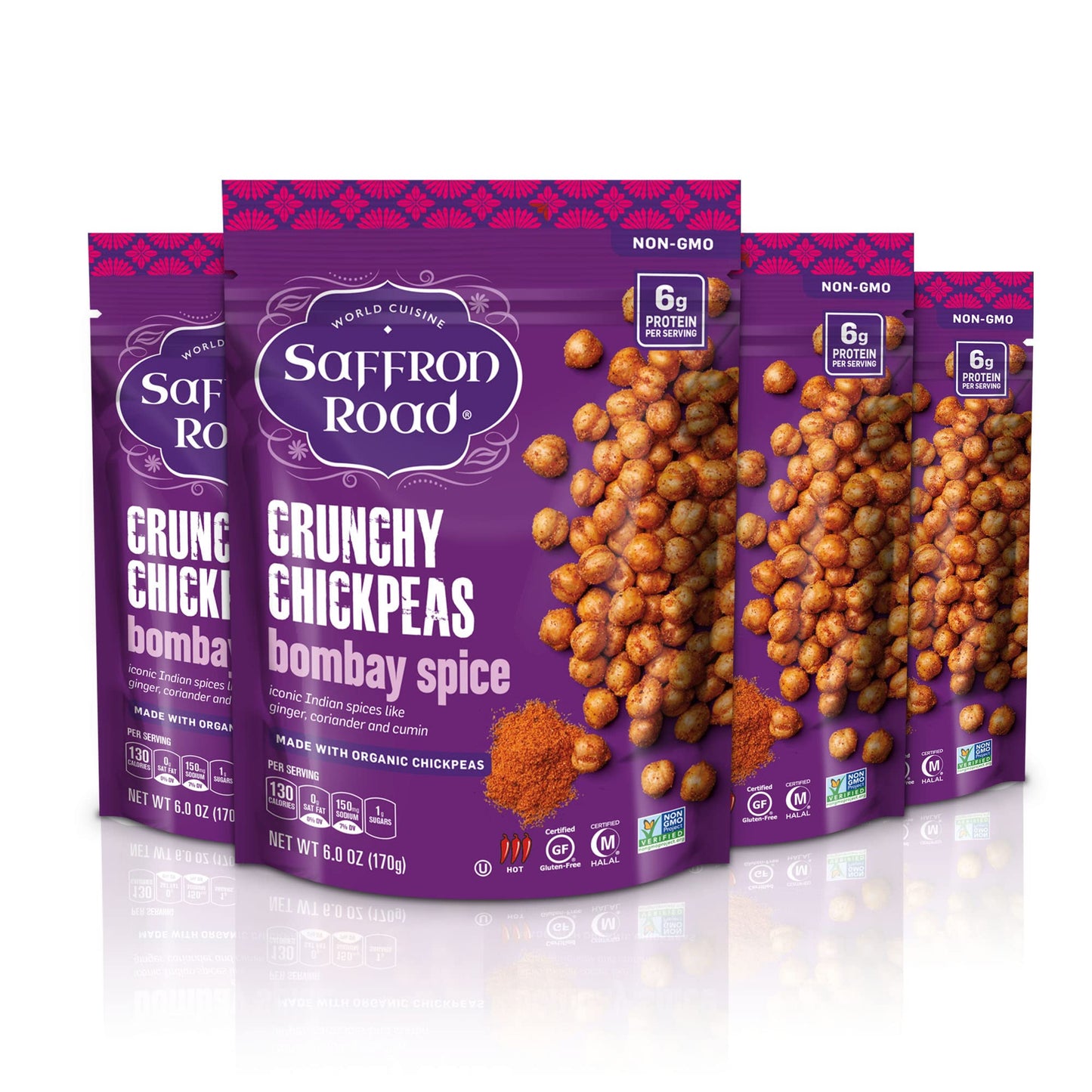 Saffron Road Organic Crunchy Chickpea Snacks-Gluten Free, Non-GMO, Halal, Kosher, Vegan (Bombay Spice, 6 Ounce (Pack of 4)