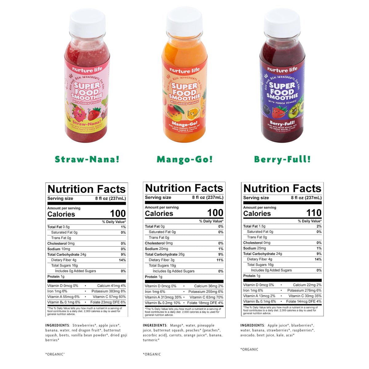 Nurture Life Superfood Smoothies, Healthy Toddler Snacks To-Go w/Hidden Fruits & Veggies, Fruit Smoothies for Kids, No Sugar Add
