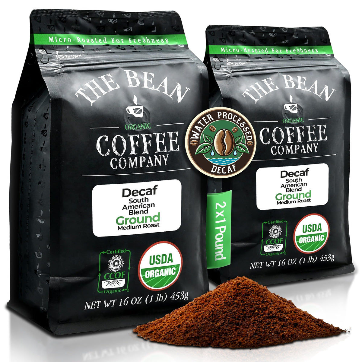 The Bean Organic Coffee Company Water Processed DECAF South America Blend, Medium Roast, Ground Coffee, 16-Ounce Bags (Pack of 2
