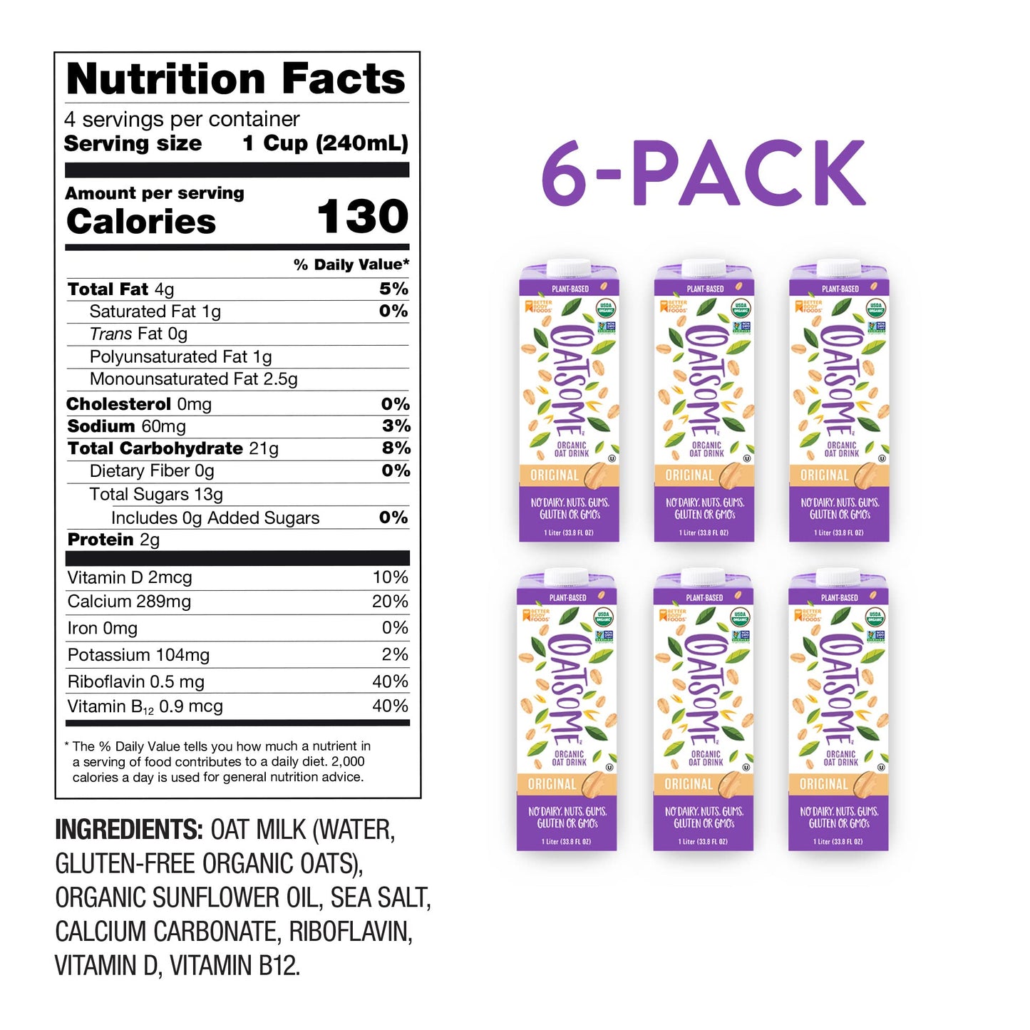 Oatsome Organic Oat Milk, 1-Liter Cartons, 6 Count, Regular, 202.86 Fl Oz
