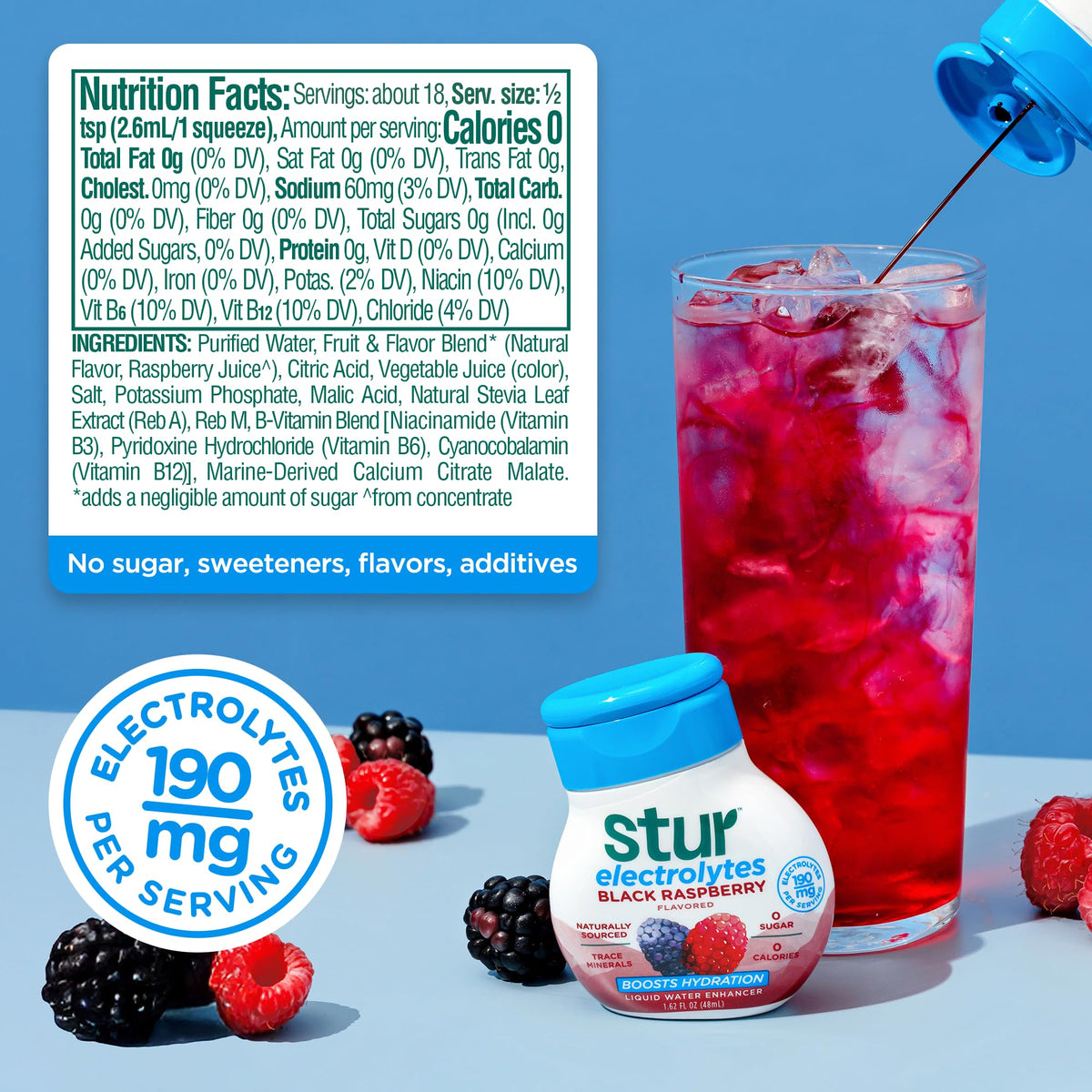 Stur Electrolyte Water Enhancer, Sugar Free, Sweetened with Stevia, Pack of 5 Bottles, Black Raspberry, Makes 90 Drinks, Vegan, Keto