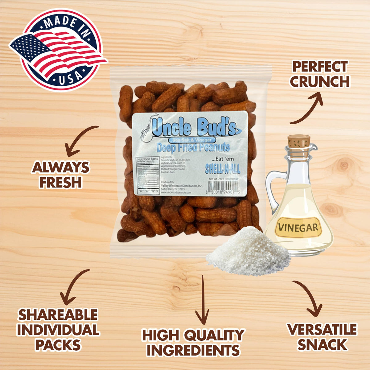 Uncle Bud'S Deep Fried Peanuts In Shell (4-Pack) | Salt And Vinegar Peanuts, Salted Peanuts In The Shell, Shelled Peanuts Snack