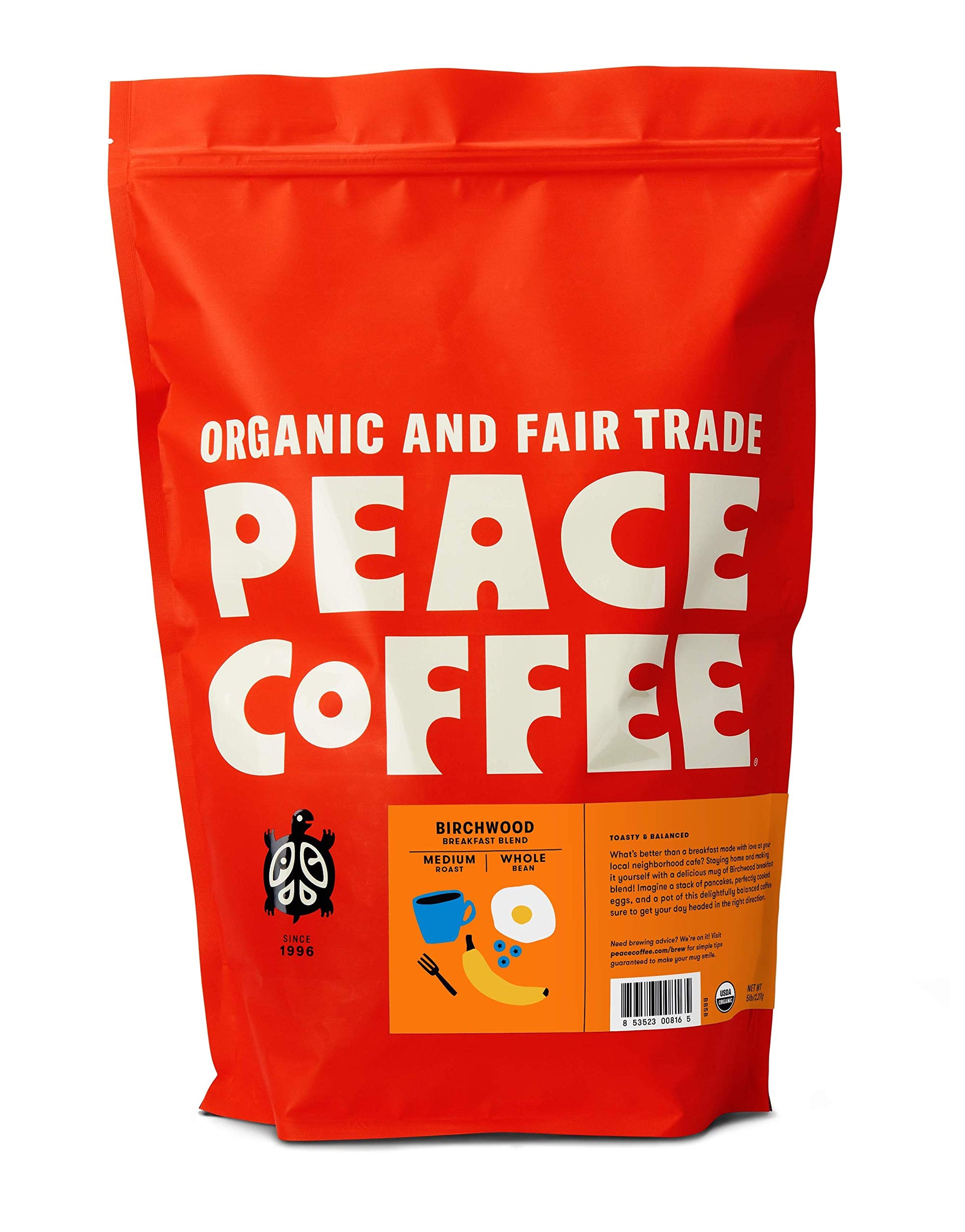 Peace Coffee Birchwood Breakfast Blend | 5 lb Whole Bean Medium Roast | Organic Fair Trade | Smooth, Mild Favor | Shade Grown, F