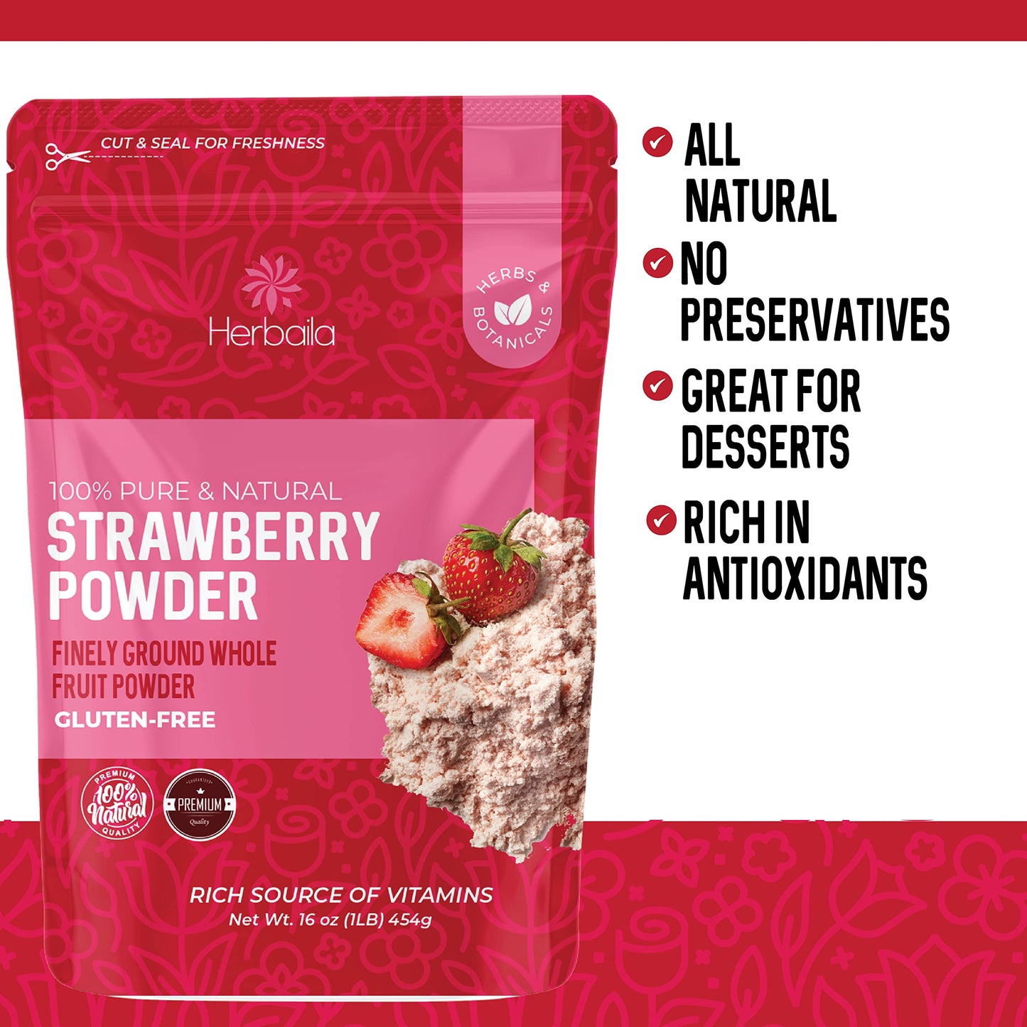 Herbaila Freeze Dried Strawberry Powder 1lb, No Sugar Added - Pure All Natural Strawberry Powder for Baking, Freeze Dried Strawb