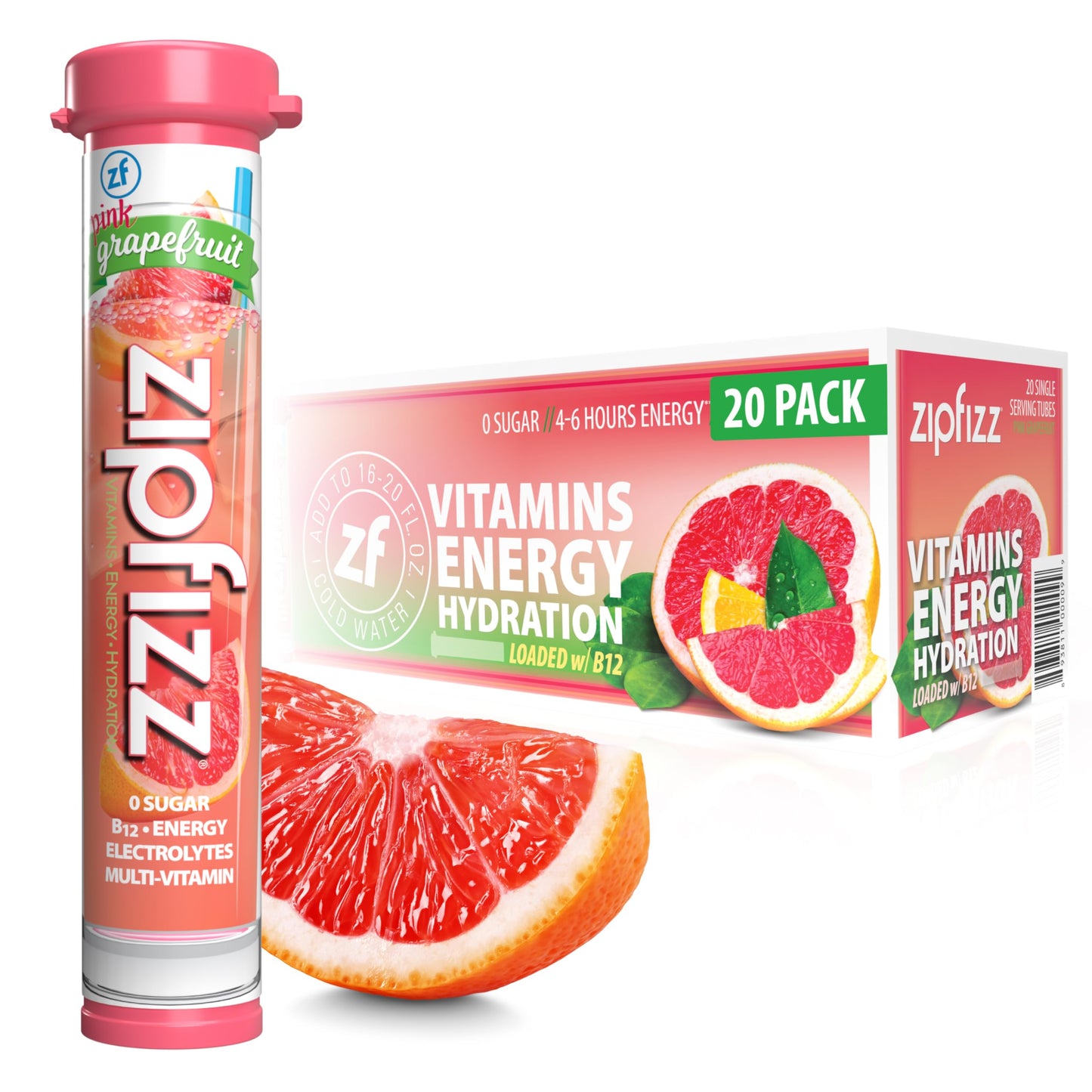 Zipfizz Energy Drink Powder, Pink Grapefruit, 20 Pack, Sugar-Free, Electrolyte Powder, Contains Vitamin B-12, Model 20PGFRT